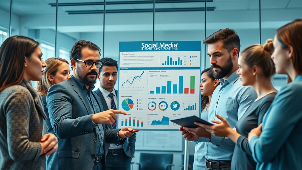 dynamic infographic of social media marketing strategies elements with diverse teams collaborating