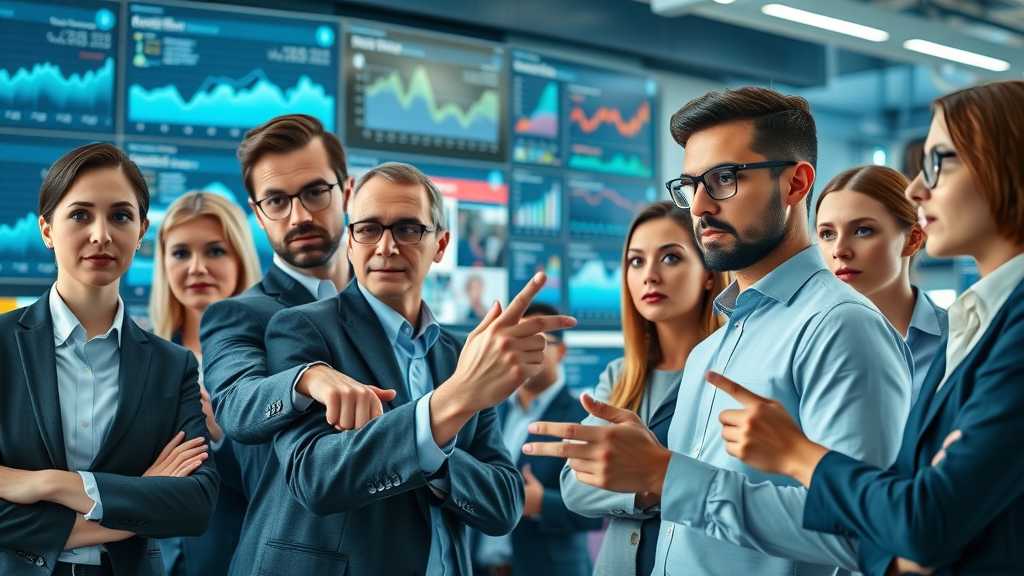 social media advertising professionals analyzing social media ads and graphs in a modern office; striking digital collage showing media ad evaluation and digital analytics, business attire, highly detailed expressions and LED screens for media advertising analysis