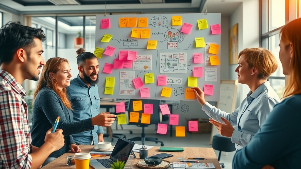 B2B sales and marketing team brainstorming innovative lead generation strategies with sticky notes