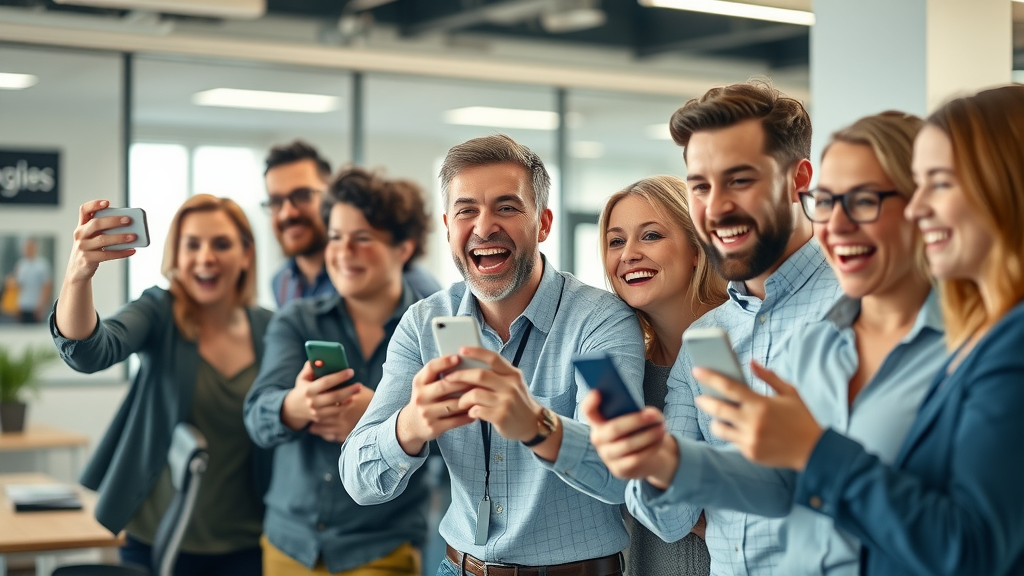 Energetic property services team creating a social media reel, enthusiastic expressions, recording on mobile phones in modern office space with branding details, people in action and light motion blur, vibrant colors, shot with a Canon RF 50mm lens.