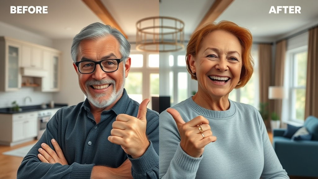 Dramatic before-and-after home renovation image, expressive satisfied clients, stylish home environment, split scene cartoon showing transformation, bold colors, dynamic lighting, Nikon Z 24-70mm lens.