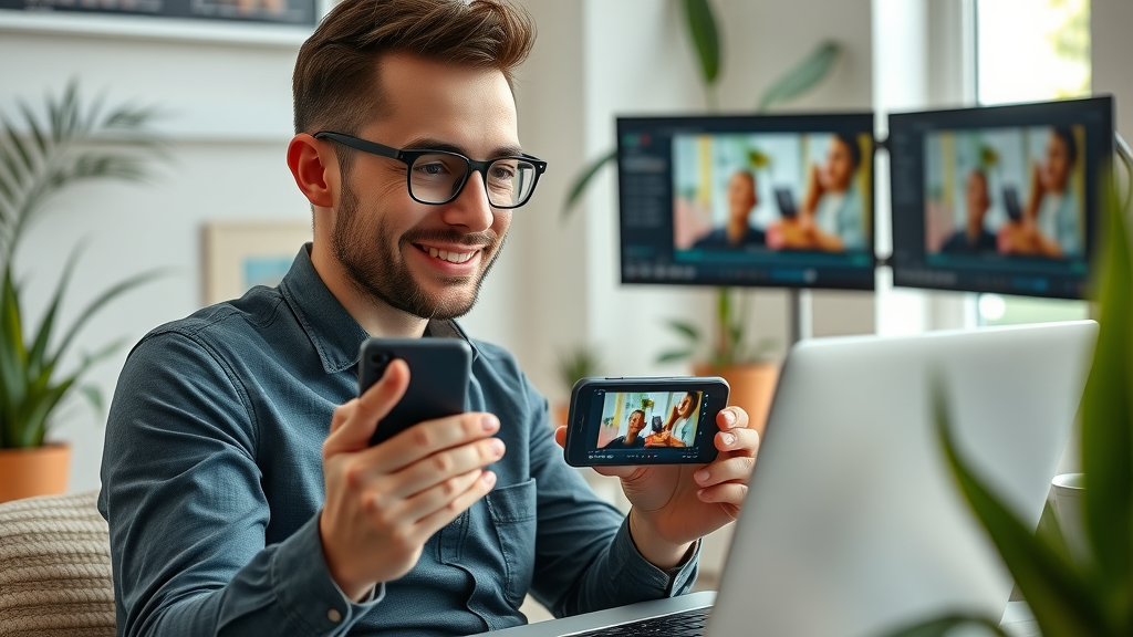 Professional content creator editing a reel on laptop and smartphone, modern home office setting with plants and branding, editing software interface visible, daylight and window light, Fujifilm XF 56mm lens.