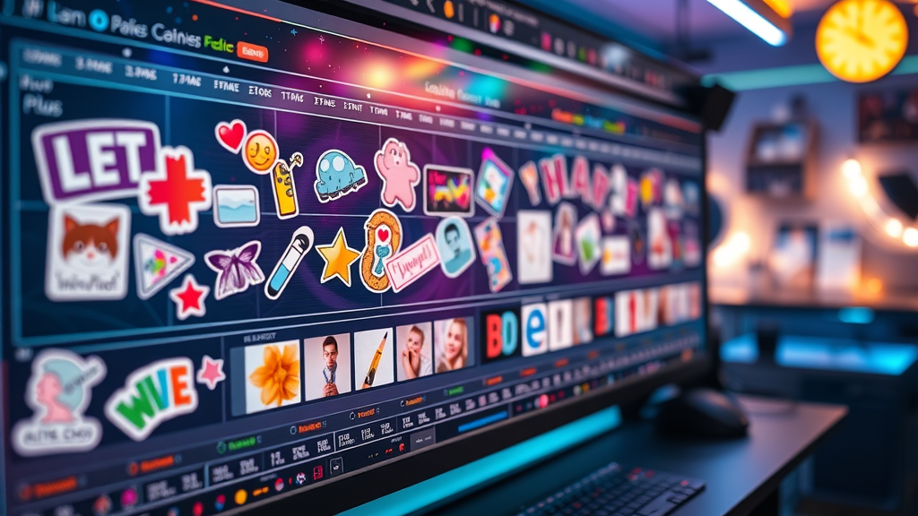 Creative visual of a reel timeline with dynamic stickers, captions, and effects, whimsical editing dashboard in vibrant workspace, colourful swirling effects and pastel tones, shot with 85mm lens.