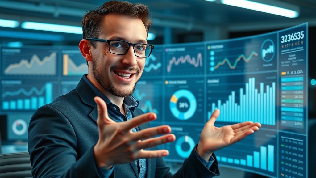 Confident digital marketer presenting performance analytics on a screen in a high-tech office, excited expression, holographic charts, animated data overlays, cool blue lighting, Sigma 35mm Art lens.
