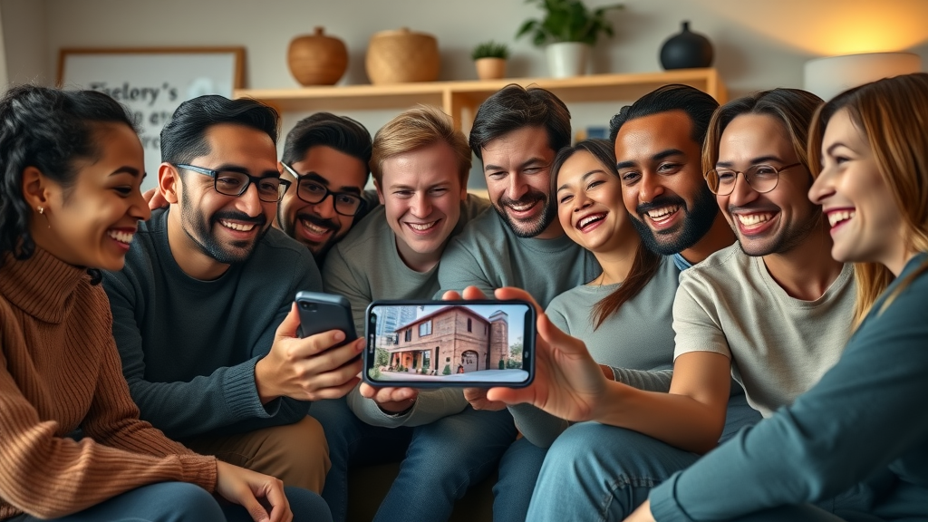 Group of diverse people watching and reacting to a property service reel on a smartphone, delighted faces, cozy living room with contemporary decor, people sharing and leaning in, earthtones and pops of color, Canon EF 24-70mm lens.