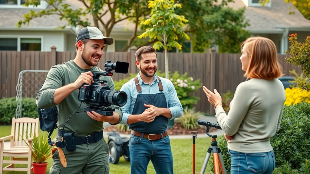 Property maintenance team filming a reel at a client site, joyful interaction with client, lush garden and tools, suburban setting, natural sunlight, Canon RF 24-105mm lens.