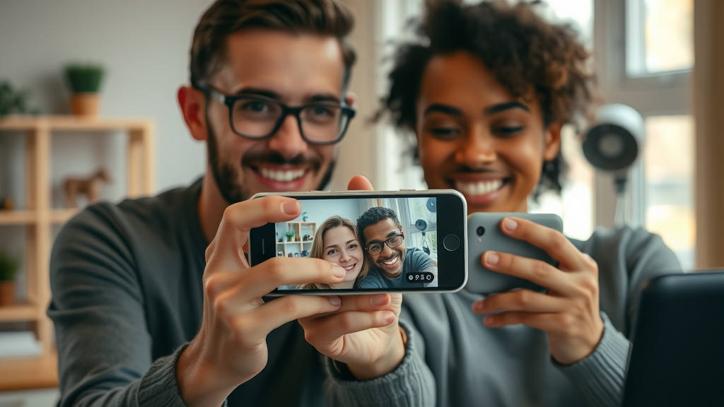 Digital content creators filming short-form video content using smartphones in a home office