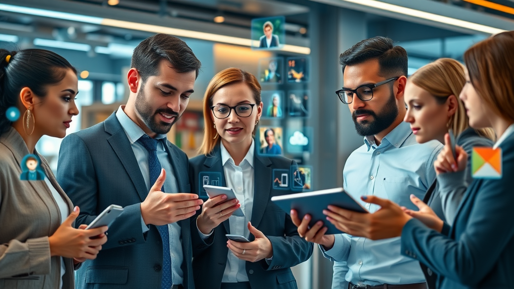 Diverse business professionals comparing social media and video platform options for short-form video content