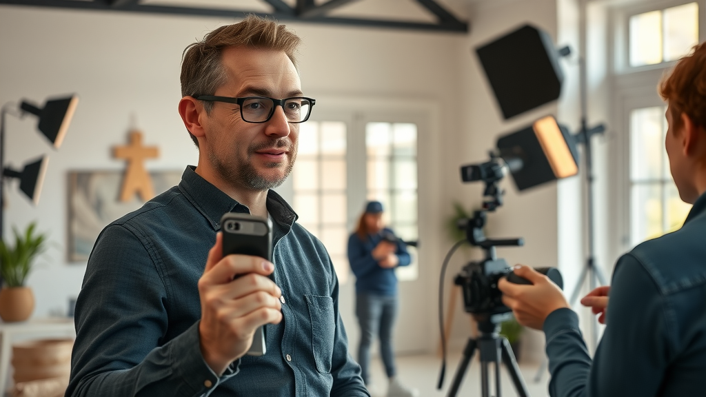 Small business owner directing a short-form video shoot in a contemporary property setting
