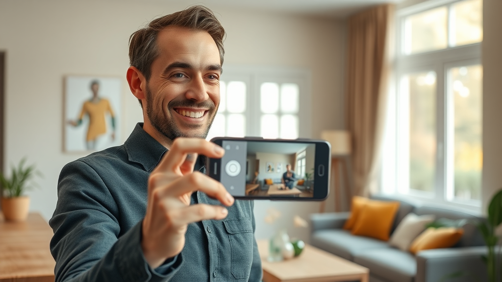 Friendly property agent filming behind-the-scenes short-form video content in a modern home