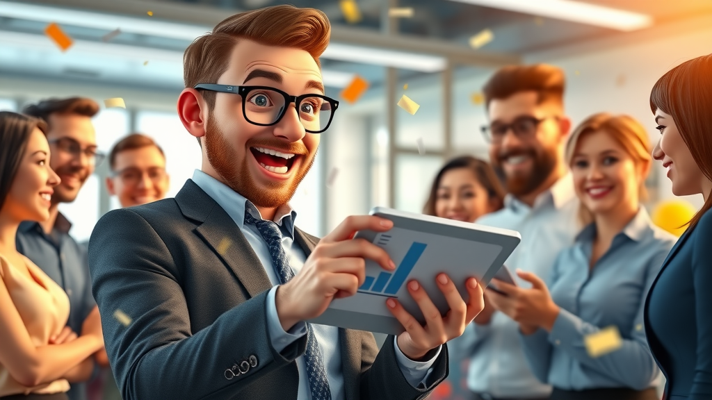 Inspired business leader reviewing short-form video campaign success with team