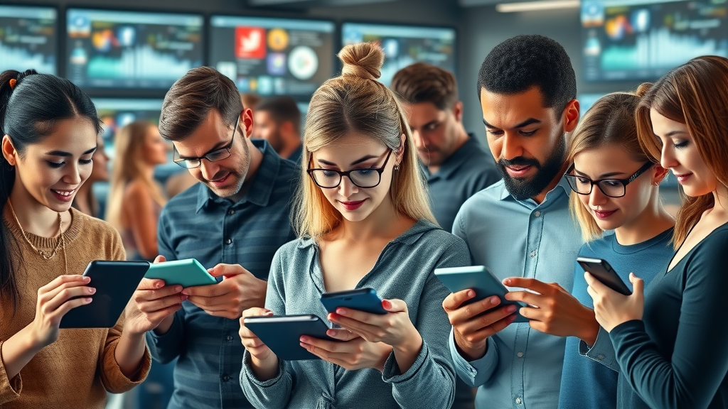 Dynamic collage of people engaging with devices displaying social media apps, illustrating how social media algorithms work and drive digital experiences