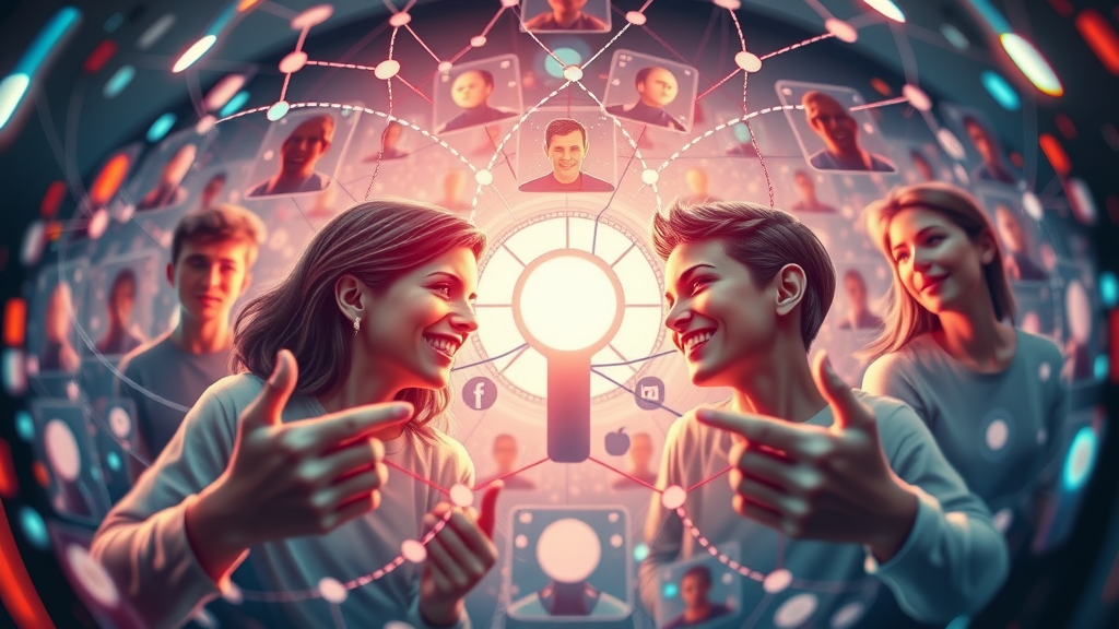 Abstract illustration of an engagement loop showing users reacting and sharing posts, highlighting the influence of social media algorithms