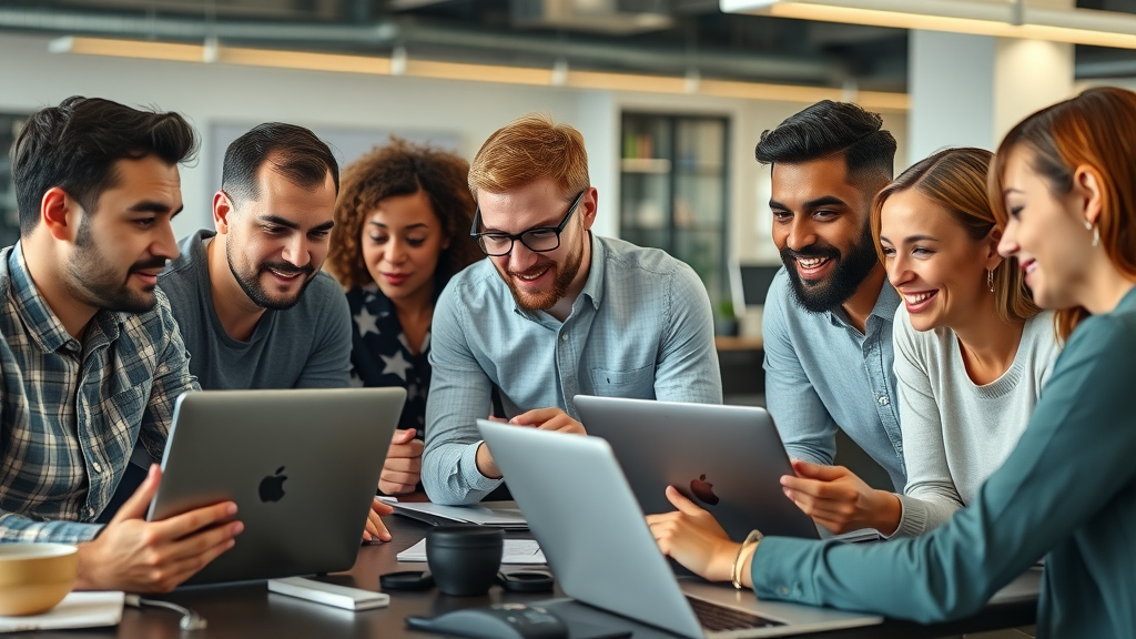 Diverse content creators collaborating on algorithm analytics, symbolizing teamwork and strategy to master social media algorithms