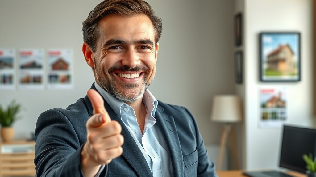 Confident real estate agent showcasing video marketing strategies in modern property office
