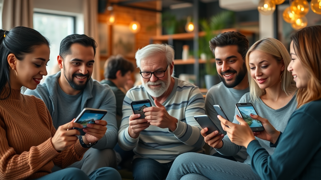 Diverse viewers engaged with property videos on different devices, showing engagement through social media and video content