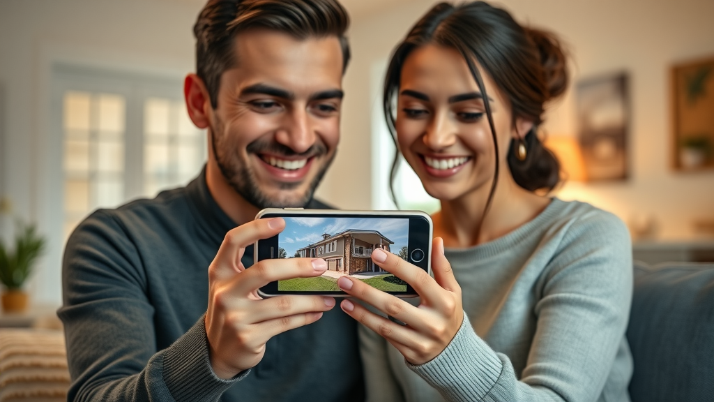 Young couple enjoying property video tour on smartphone, demonstrating mobile-friendly video marketing for property services
