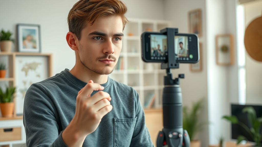 Aspiring content creator filming a professional video for property services using a smartphone in a bright home studio