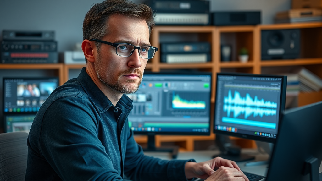 Video editor refining marketing video content with professional audio and lighting for property services
