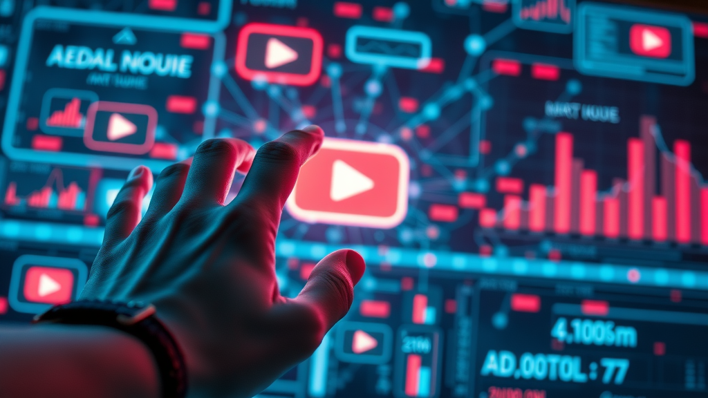 Futuristic digital algorithm visualization highlighting YouTube algorithm work, interconnected nodes, graphs and AI elements