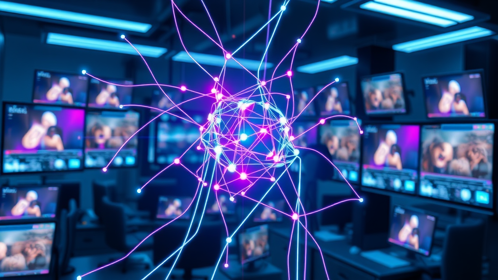 conceptual visualization of a neural network analyzing TikTok video data streams for algorithm work