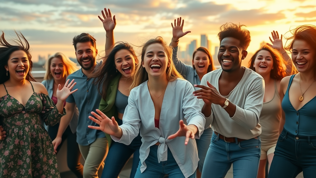 energetic group of creators performing a dance challenge that went viral on TikTok For You Page at sunset