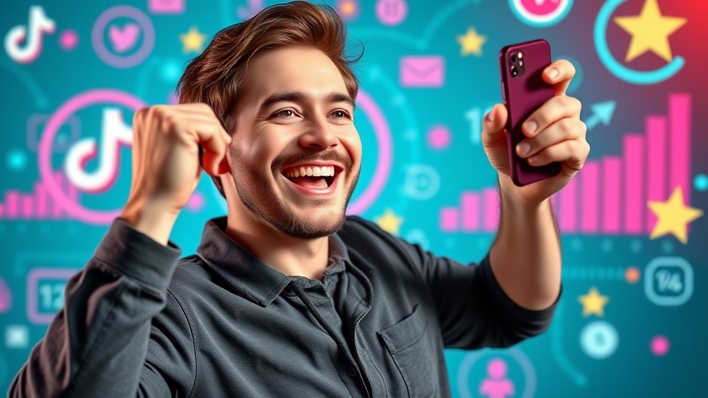 confident TikTok creator celebrating successful video reach and algorithm mastery, vibrant social media icons