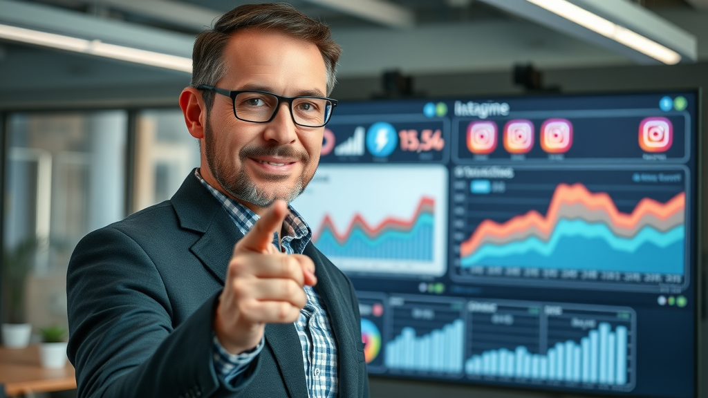 Professional analyst showing Instagram Reels engagement statistics on digital screen in a modern office