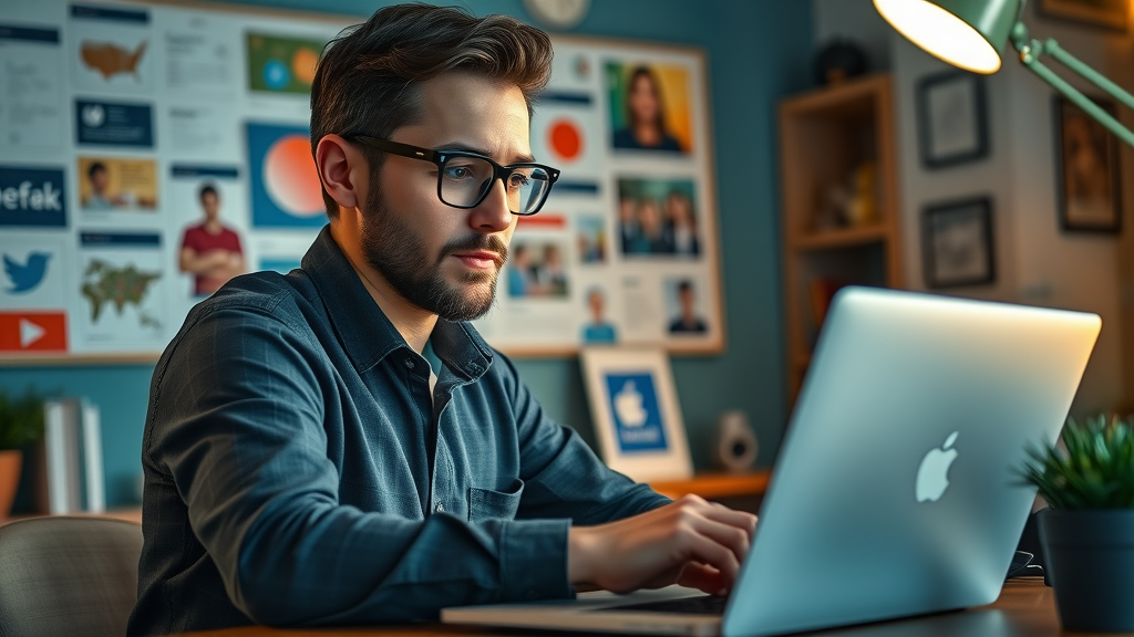 Small business owner researching trending property topics for Instagram reels in a stylish office