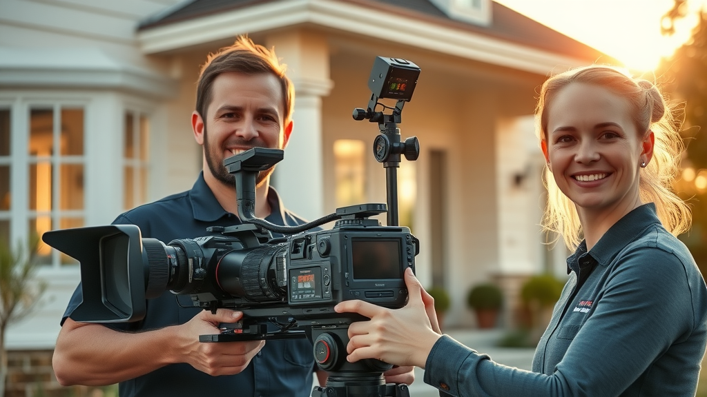 Property services team adjusting camera tripod during golden hour to capture authentic footage for an engaging Instagram reel