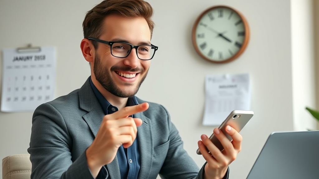 Modern entrepreneur scheduling an Instagram Reel using a smartphone, with a calendar and clock in view