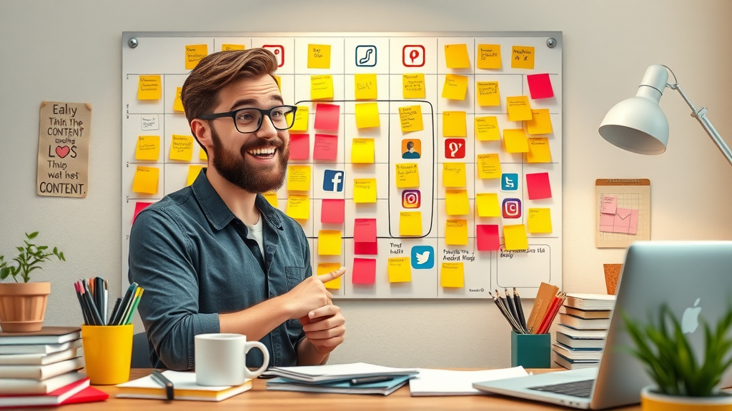 Confident content strategist interacting with a wall planner to develop a regular Instagram posting schedule for engaging reels