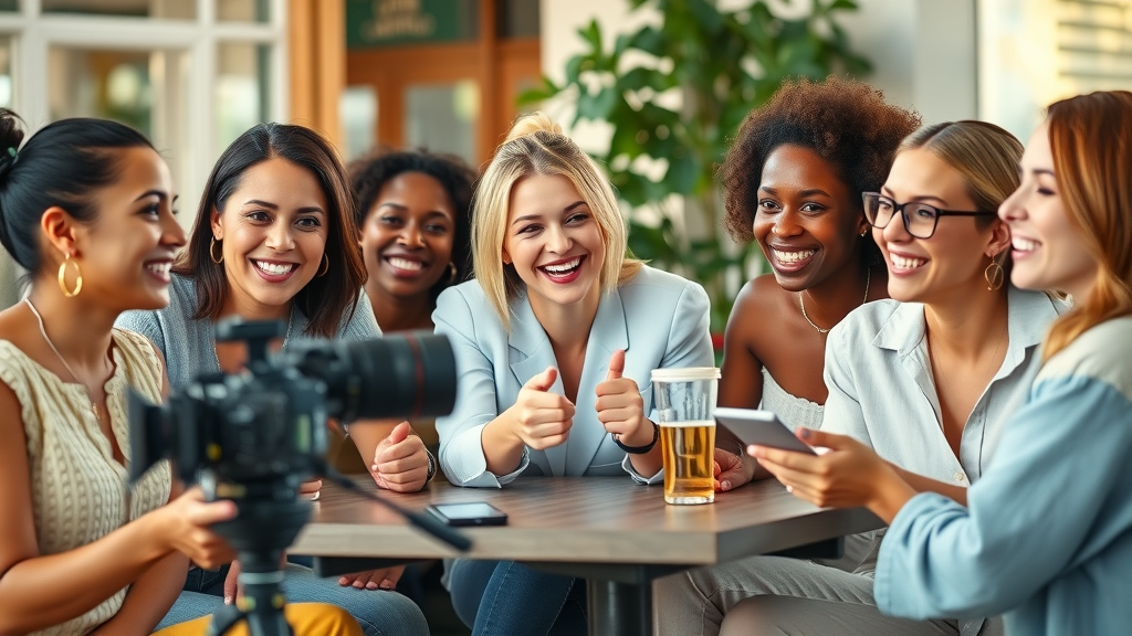 Diverse micro-influencers filming an Instagram reel together at an outdoor cafe, representing collaboration for increased engagement