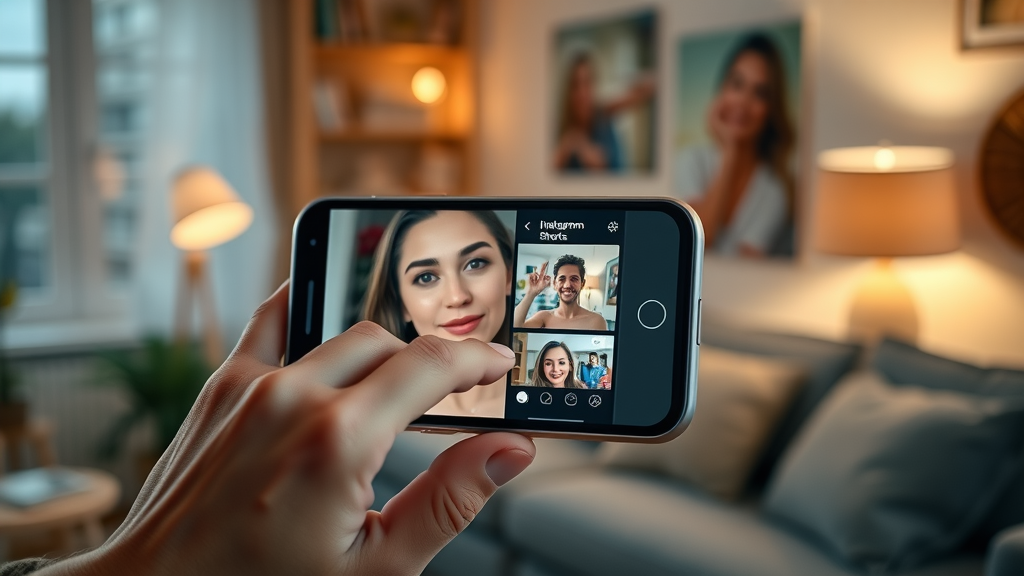 Modern smartphone displaying TikTok and Instagram Shorts with local property service brands, split screen, video content interface