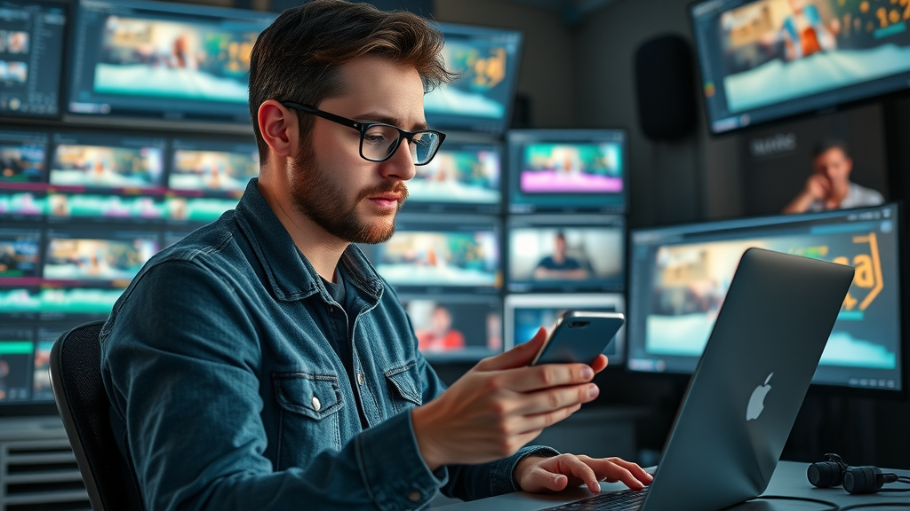 Content creator editing TikTok and Instagram Shorts video for property services on laptop and smartphone - content creation video length