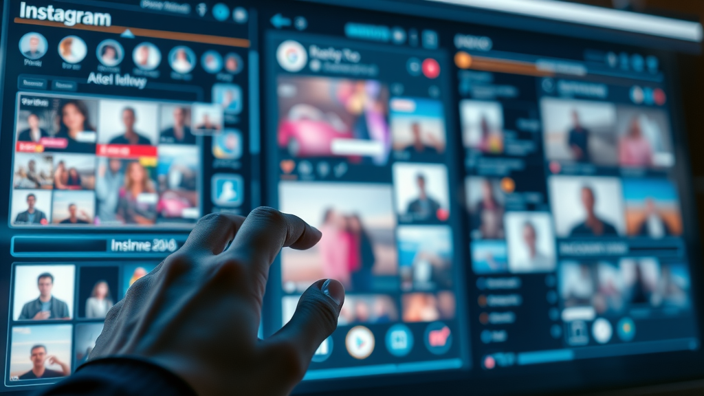 Instagram algorithm feed interface users interacting with varied content analyzing cinematic digital workspace