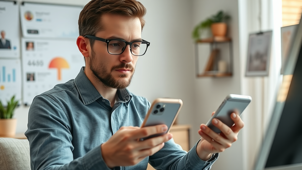 Insightful social media strategist reviewing engagement metrics instagram algorithm modern home office