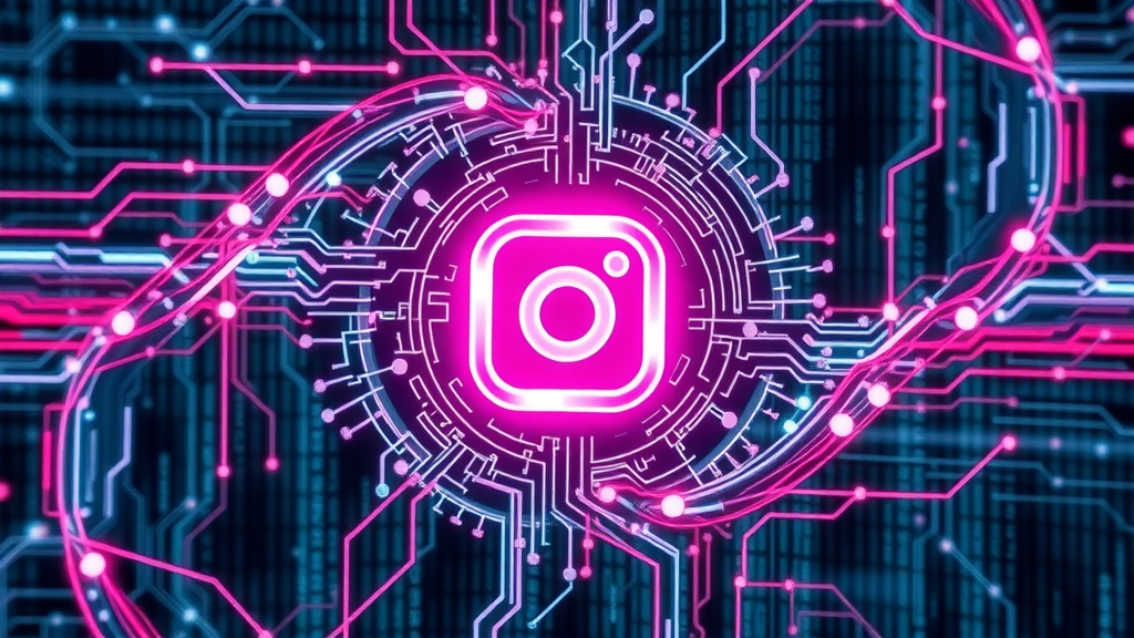 Dynamic abstract instagram algorithm lines swirling central logo digital matrix details illuminated