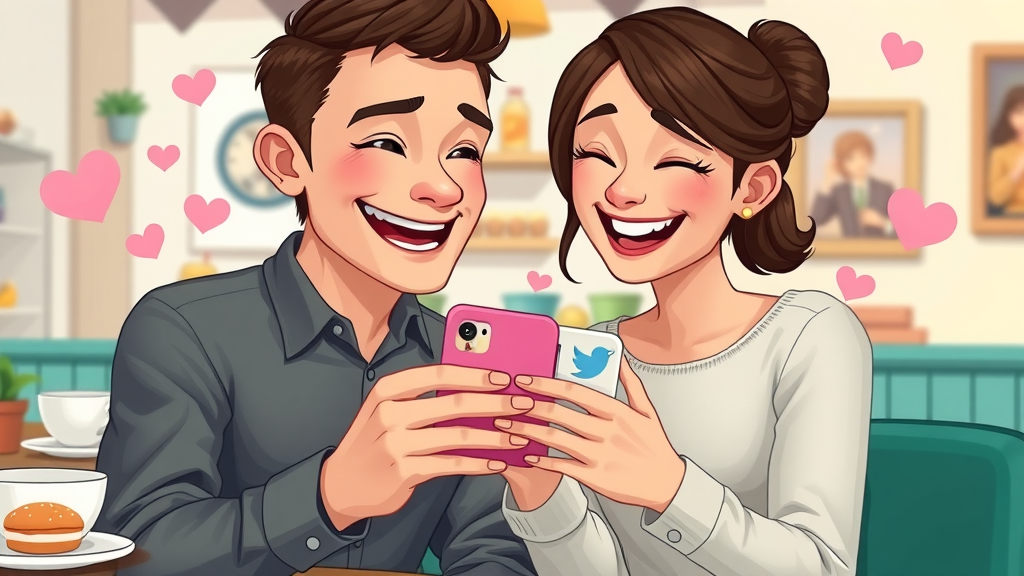 Engaged young couple cheerful expressions browsing Instagram feed algorithm cozy cafe