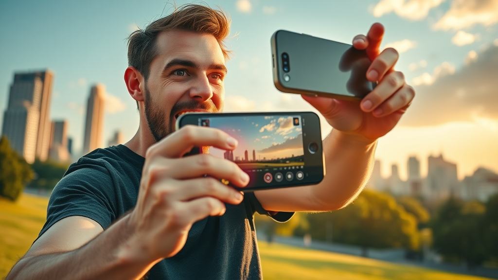 Energetic content creator excited filming Instagram Reel algorithm open park city skyline