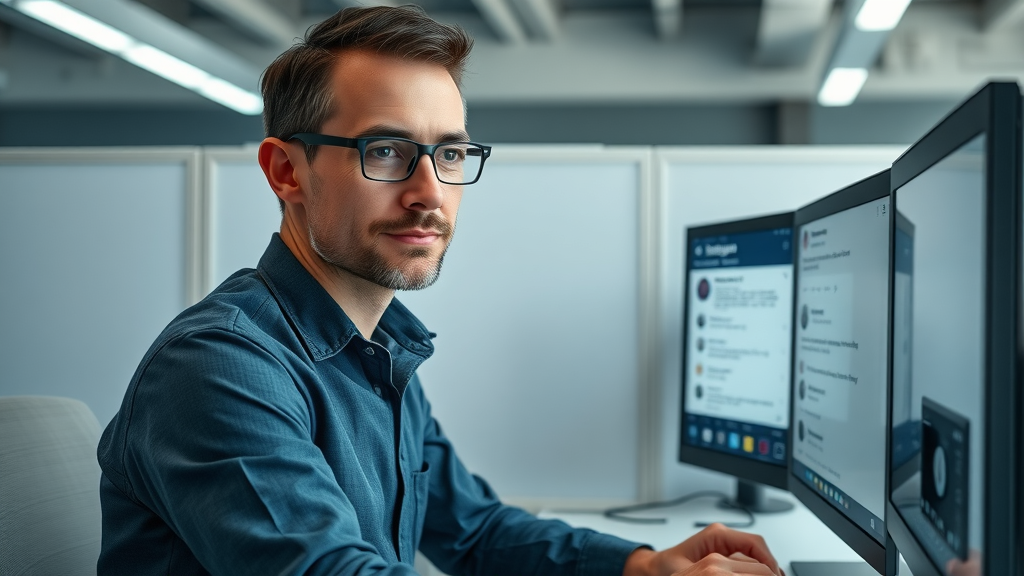 Confident Instagram moderator reviewing flagged content community guidelines digital workspace