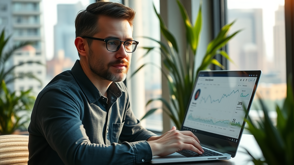 Optimistic digital marketer reviewing Instagram analytics dashboard mastering algorithm