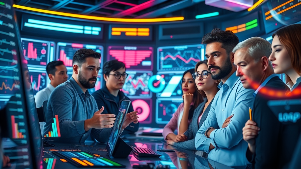 Colorful futuristic control room marketers analyzing algorithm data glowing dashboards