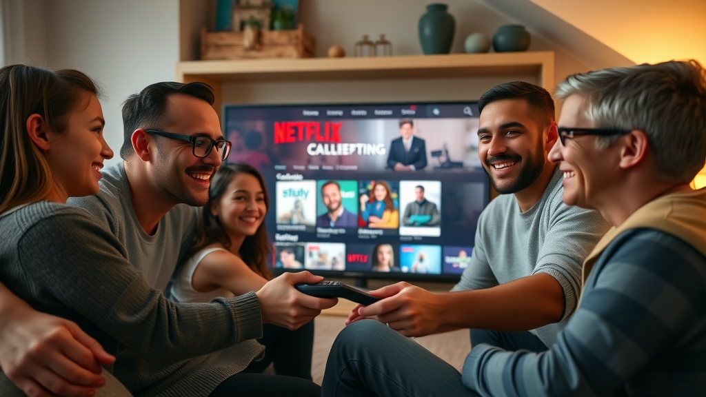 netflix algorithm sleek netflix user interface family diverse ages selecting show on couch bright netflix home highly detailed