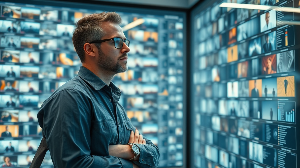 netflix recommendation system engineer analyzing algorithm giant data wall tv shows thumbnails interactive digital display