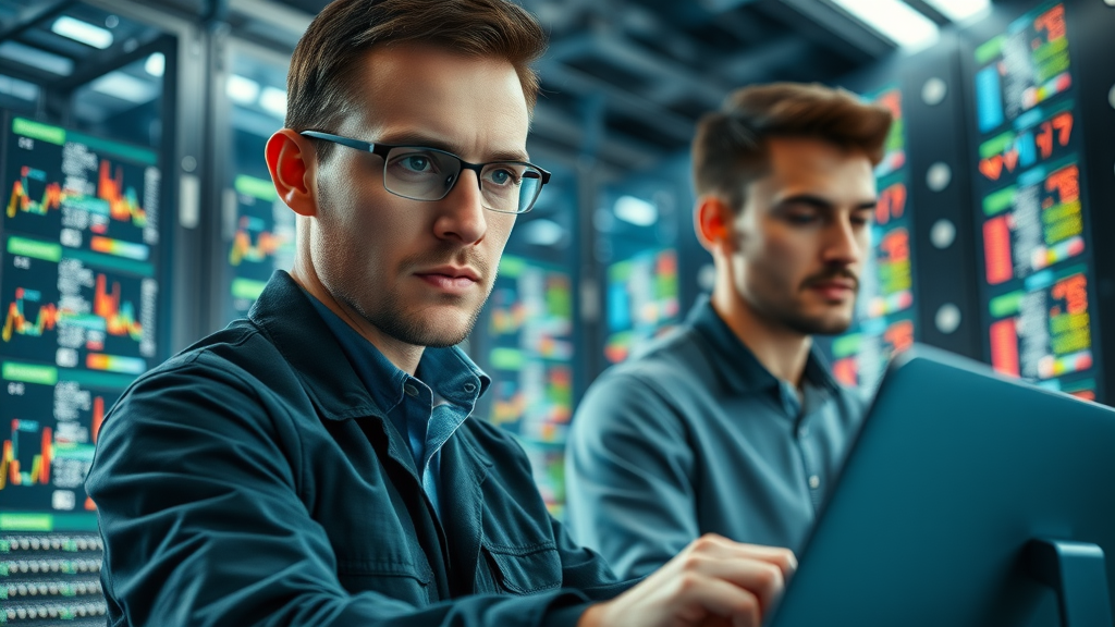 shopping algorithms engineers monitoring algorithm activity in high-tech data center, glowing server racks, digital displays