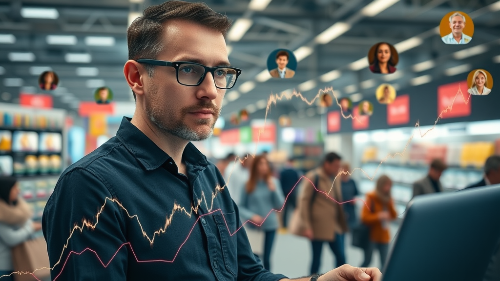 shopping algorithms dynamic line graph overlaying busy online shopping scene, conversion rates, analyst observing conversion spikes