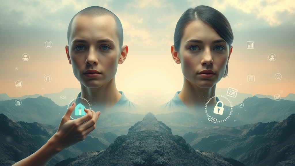 shopping algorithms, ethical dilemma scene, privacy and commerce, divided digital landscape, data privacy icons and commerce symbols