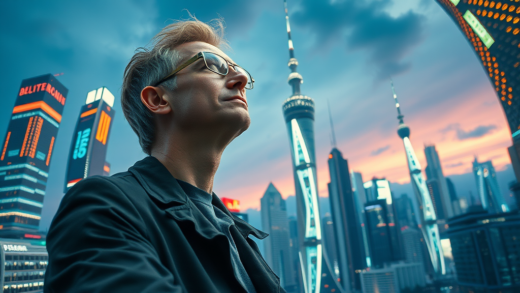shopping algorithms, imaginative futuristic cityscape, data scientist reflecting on the future, skyscrapers with glowing data streams