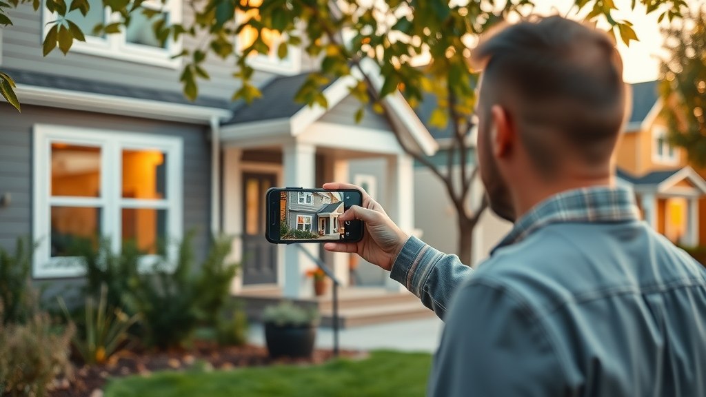 real estate agent recording a viral video reel outside a modern property in a welcoming neighbourhood at golden hour